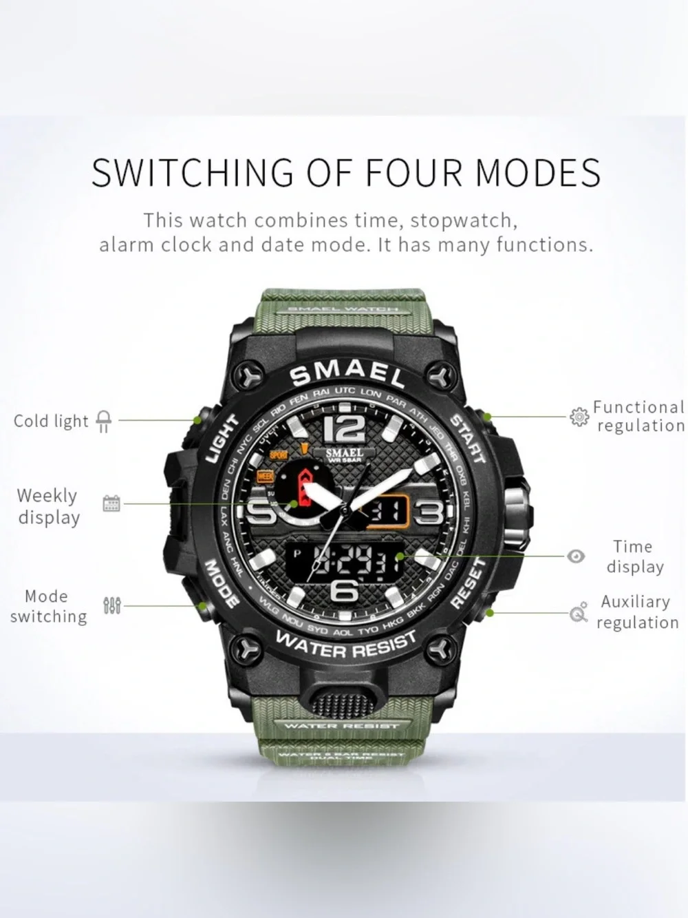 NEW SMAEL Tactical Sport Watch in Black with Army Green Strap
